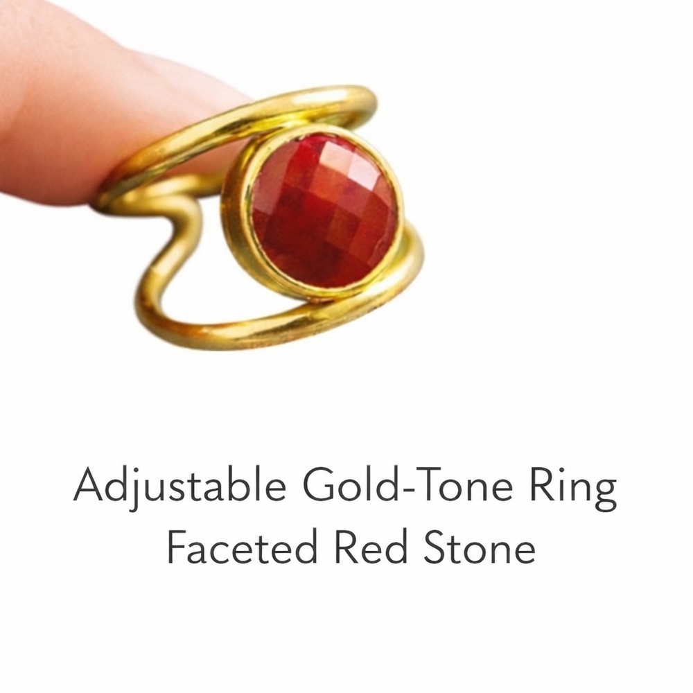 Adjustable Gold-Tone Ring with Faceted Red Stone | Boho Statement - Picture 1 of 7